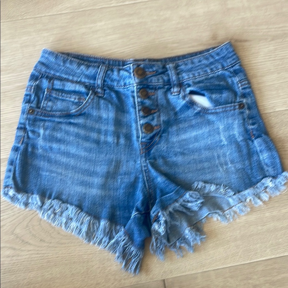 Blue Jean Shorts with Distressed Raw-Edge Hems